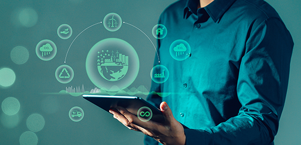 Person with tablet displaying sustainability icons