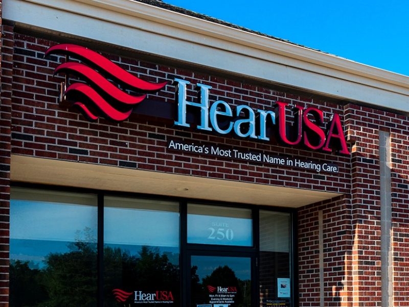 Grand Ledge, MI - JULY 12: View of the entrance to HearUSA business in the City of Grand Ledge, MI on July 12, 2020.
