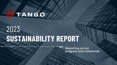 2023 Sustainability Report cover with city skyline.
