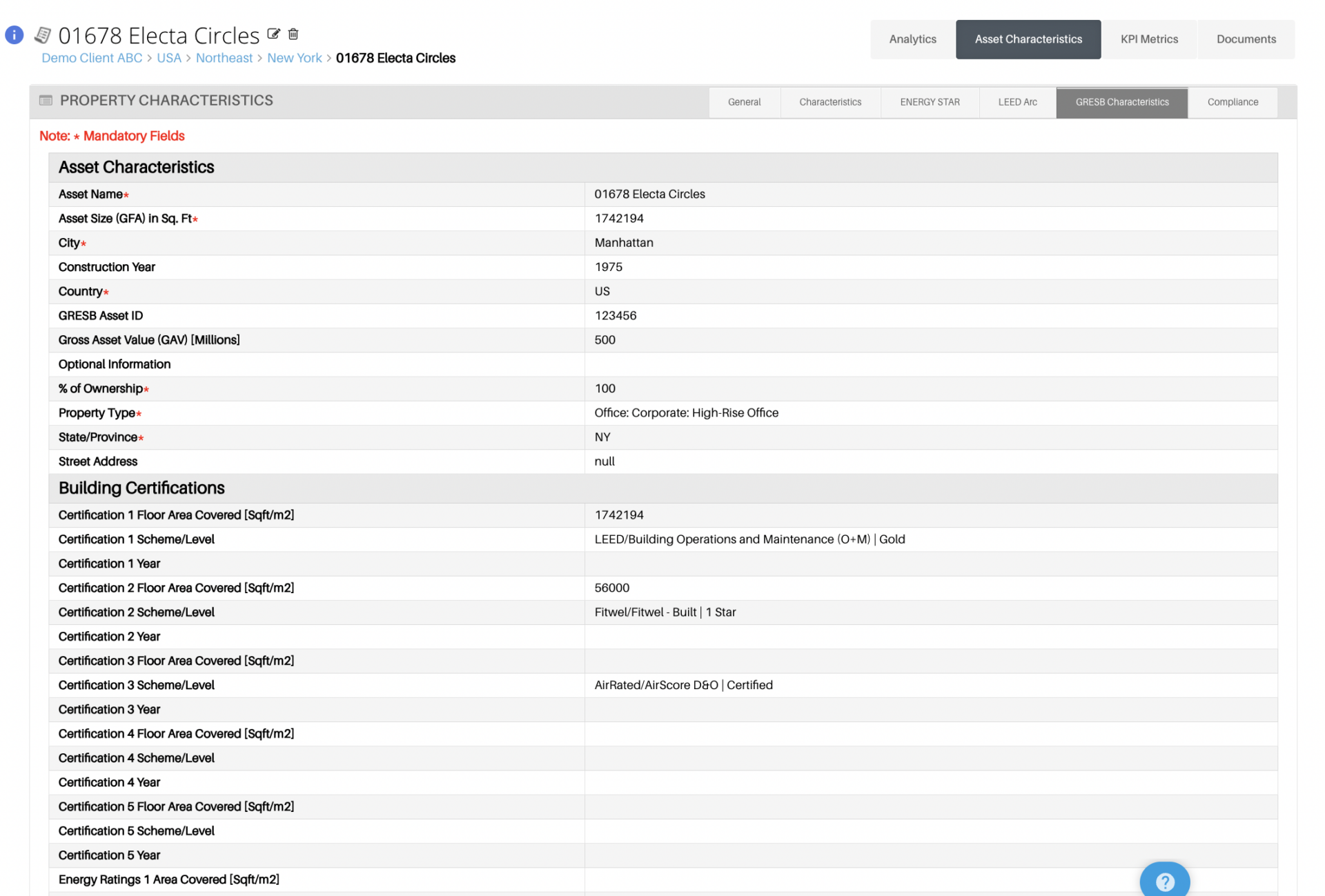Property Level GRESB Characteristics Tab