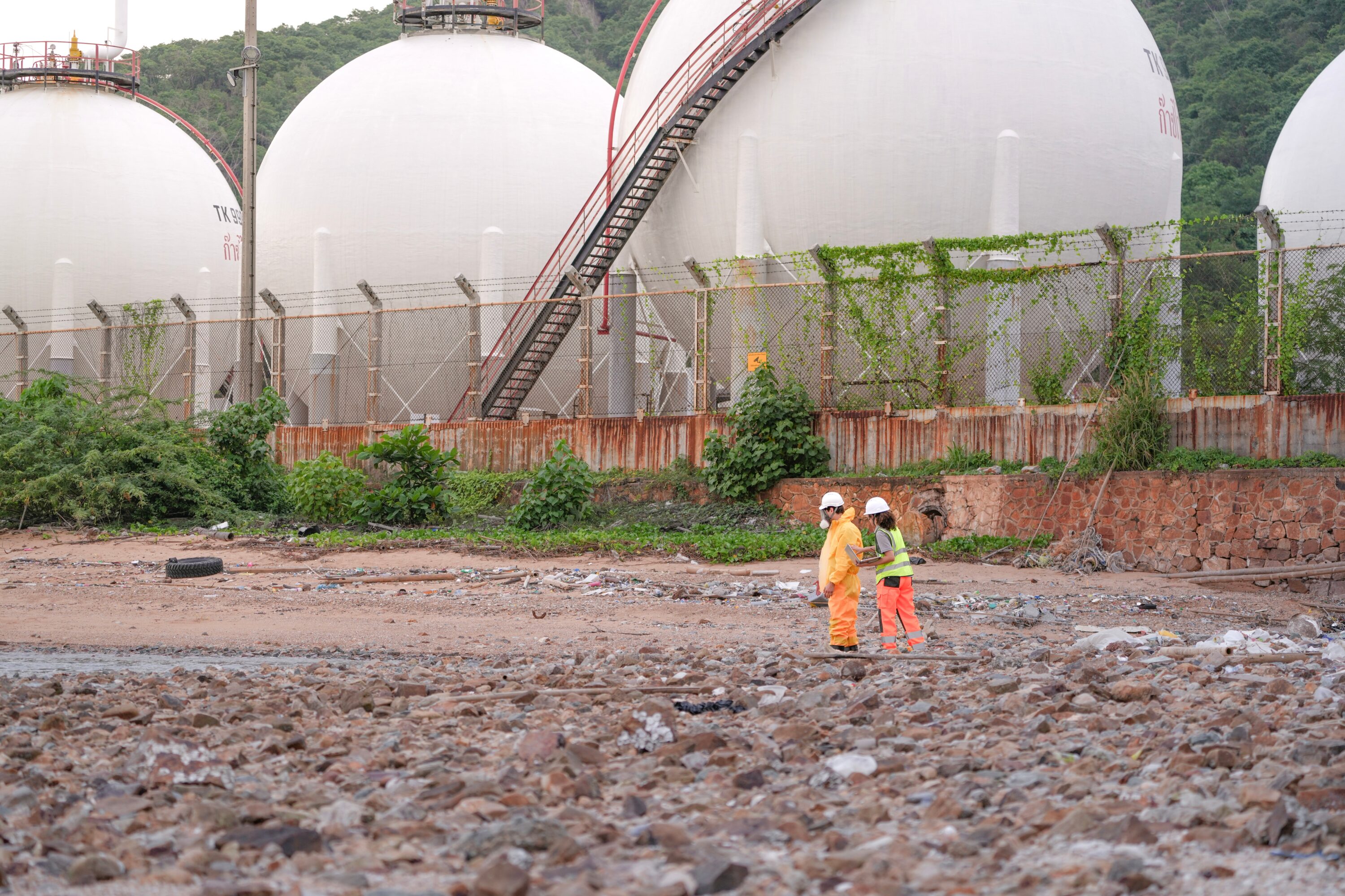 two,environmental,specialists,in,safety,gear,conduct,a,field,investigation