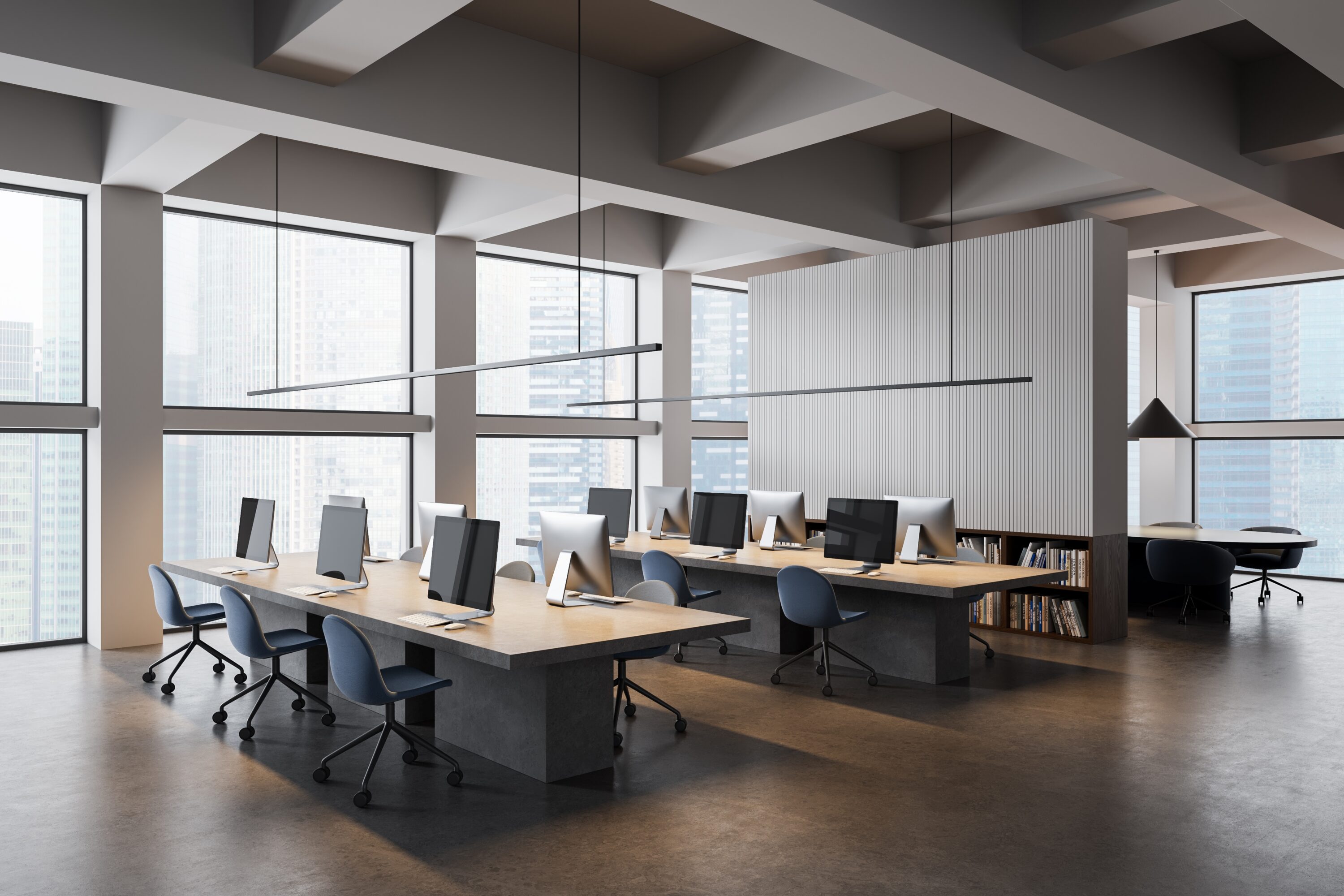 contemporary,office,interior,with,rows,of,computer,desks,,minimalist,design