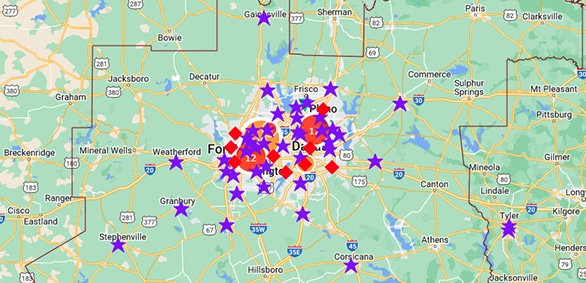 Map with stars and locations around Dallas, Texas.