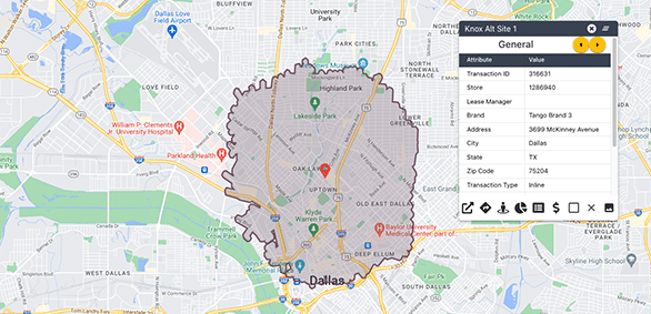 Map of Dallas with overlay and site details.