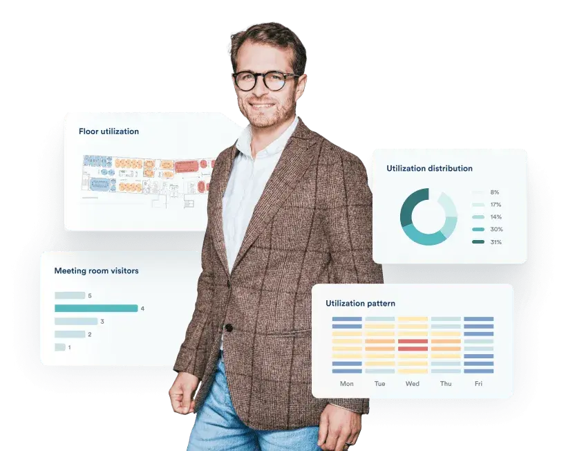 An infographic of a man surrounded by data visualized as charts.