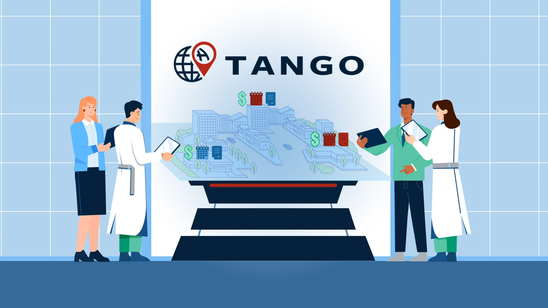 People analyzing cityscape on interactive table, Tango logo