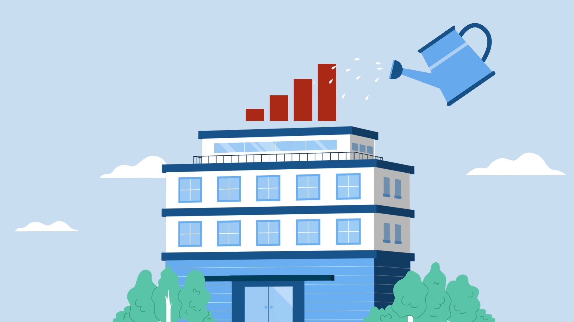 Watering can nourishes building with growth chart.